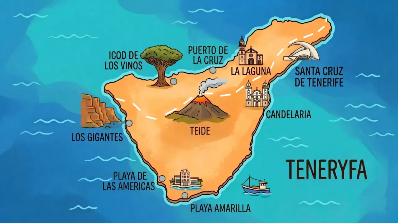 Mapa Teneryfy z zaznaczonymi atrakcjami: wulkan Teide, Los Gigantes, La Laguna, Puerto de la Cruz, Santa Cruz. Tu jest Teneryfa!
