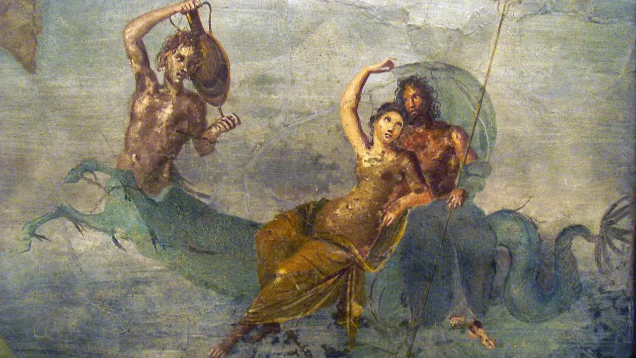 Poseidon und seine Kinder, ein Meeresgott mit Dreizack, eine Frau und ein Mann mit Fischschwanz, reiten auf einem Seeungeheuer.