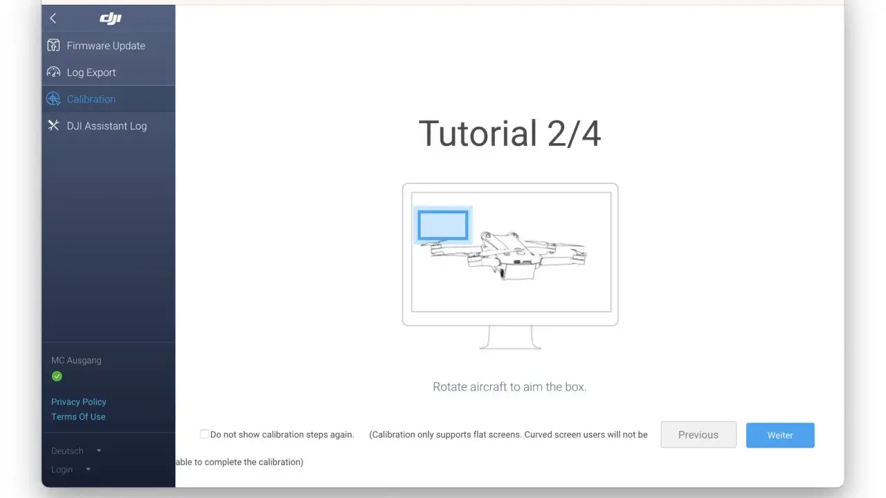 DJI Assistant 2 zeigt Tutorial 2/4 zur Kalibrierung eines Fluggeräts. Drehen Sie das Fluggerät, um die Box anzuvisieren.