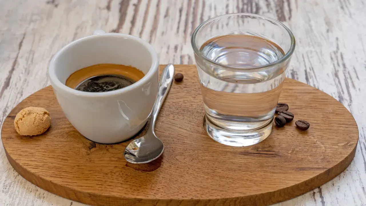 Espresso mit einem Glas Wasser, das die Aromen reinigt. Ein Keks und Kaffeebohnen vervollständigen das Bild.