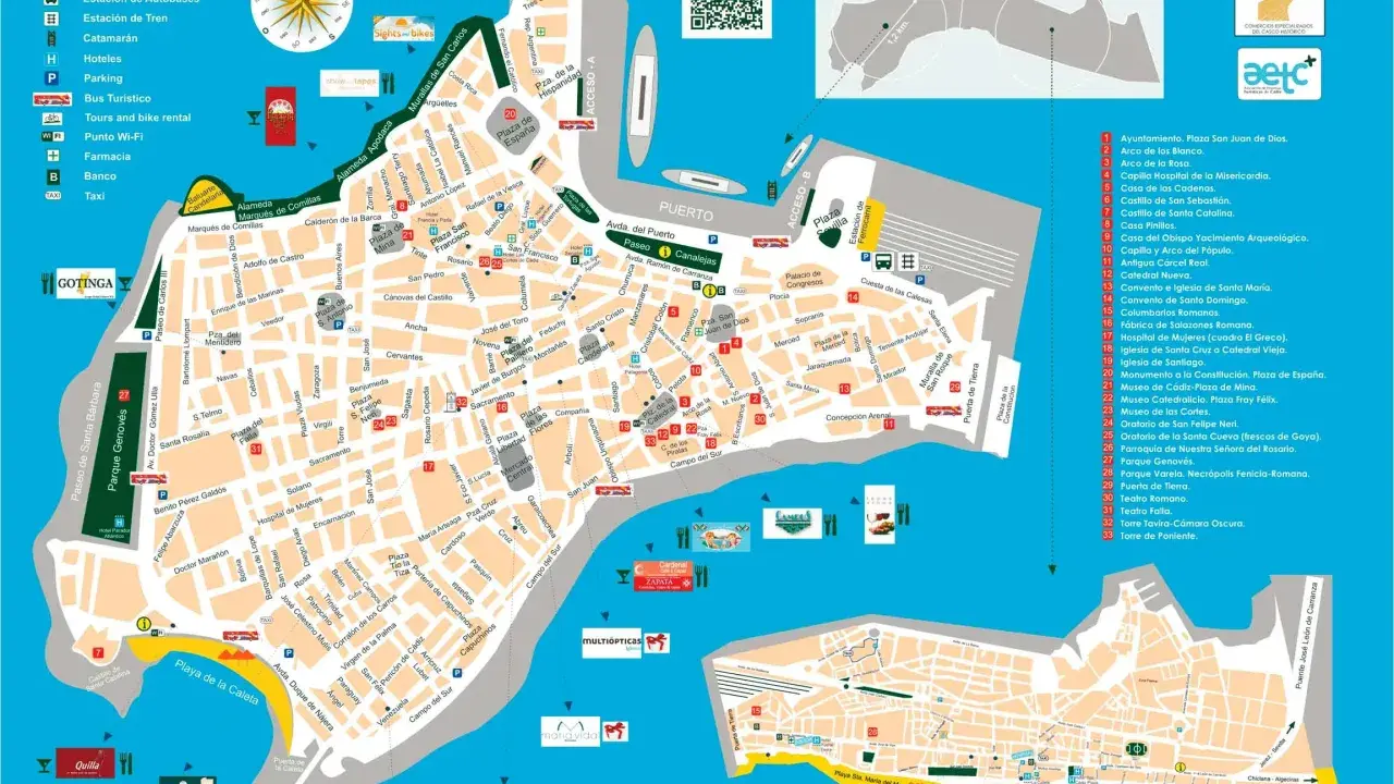 Mapa de Cádiz con puntos de interés, ideal para saber qué hacer en Cádiz con niños: playas, museos, parques y monumentos.