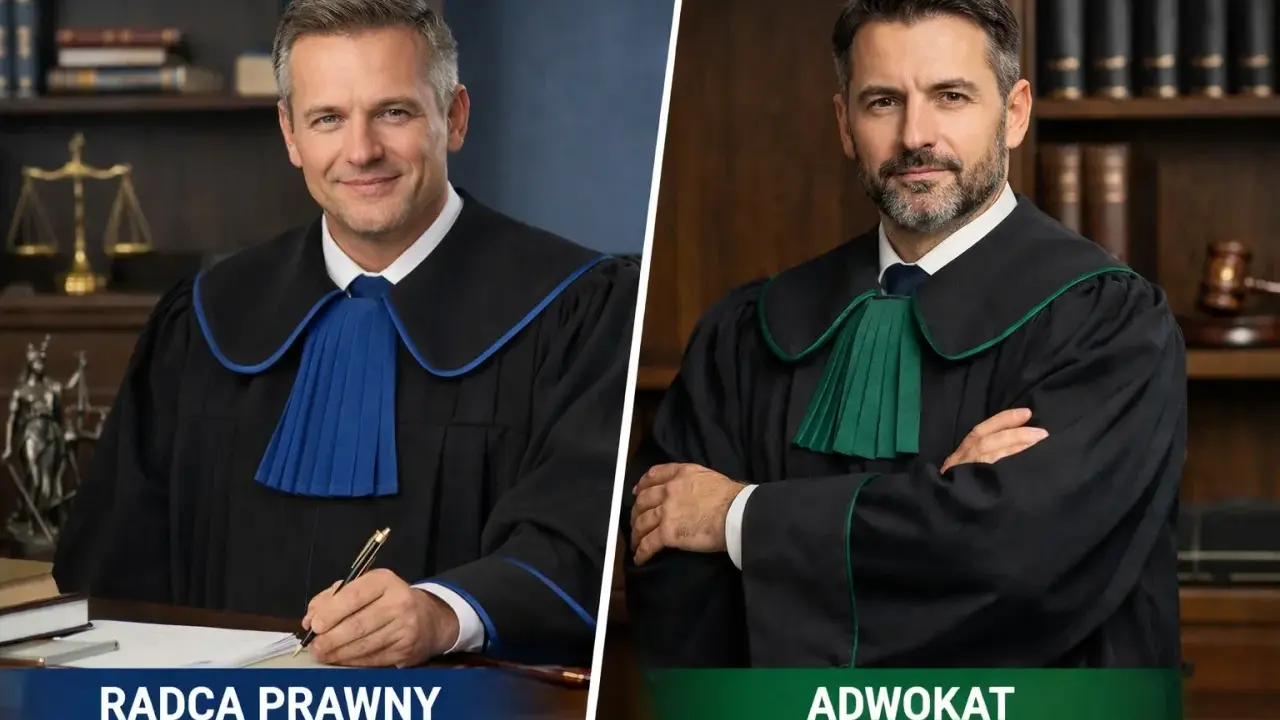 Dwóch prawników w togach: radca prawny pisze, adwokat stoi ze skrzyżowanymi rękami.