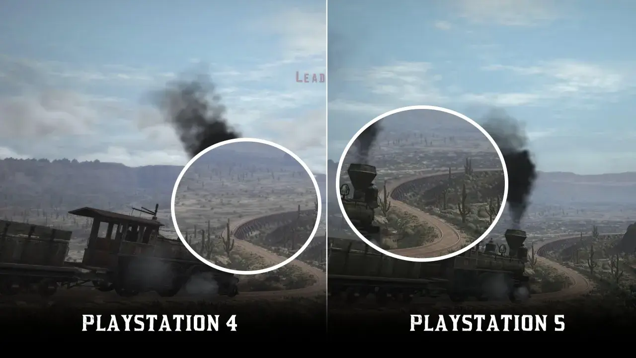 Porównanie grafiki Red Dead Redemption 2 na PS4 i PS5. Pociąg parowy na tle pustynnego krajobrazu z mostem.