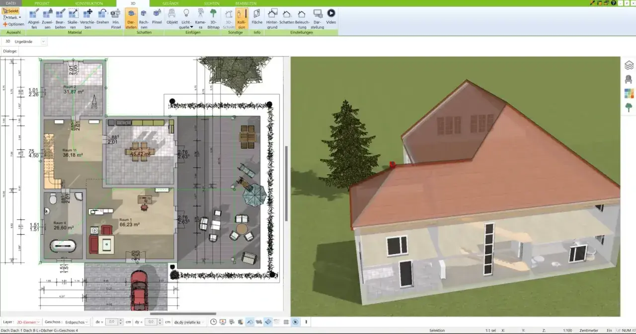 Planung eines Passivhauses mit 3D-Ansicht. Mögliche Nachteile wie hohe Anfangskosten werden hier nicht thematisiert, sondern die Visualisierung des Entwurfs.