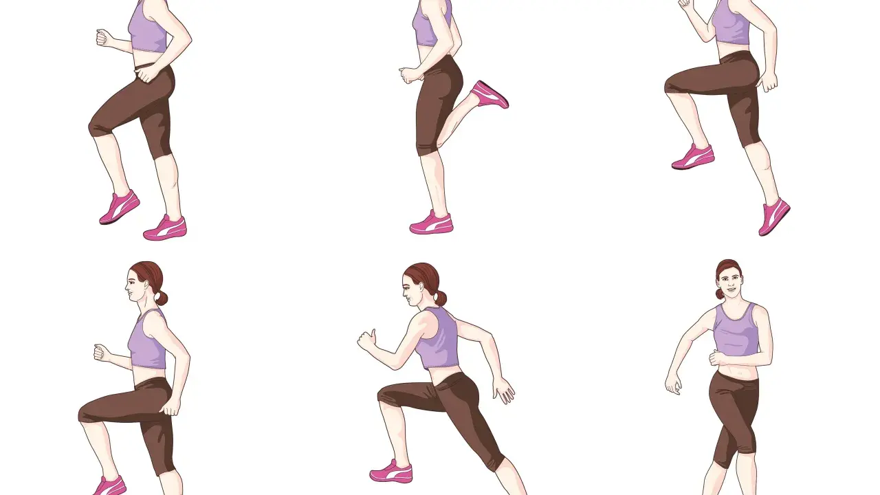Sechs Illustrationen einer Frau in Sportkleidung, die verschiedene Laufbewegungen ausführt, um zu zeigen, wie man richtig laufen kann.