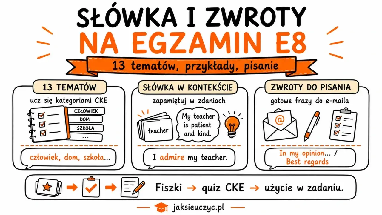 Słówka na maturę z angielskiego: 13 tematów, przykłady, pisanie, fiszki i quizy CKE. Pomoc w nauce słownictwa i zwrotów.
