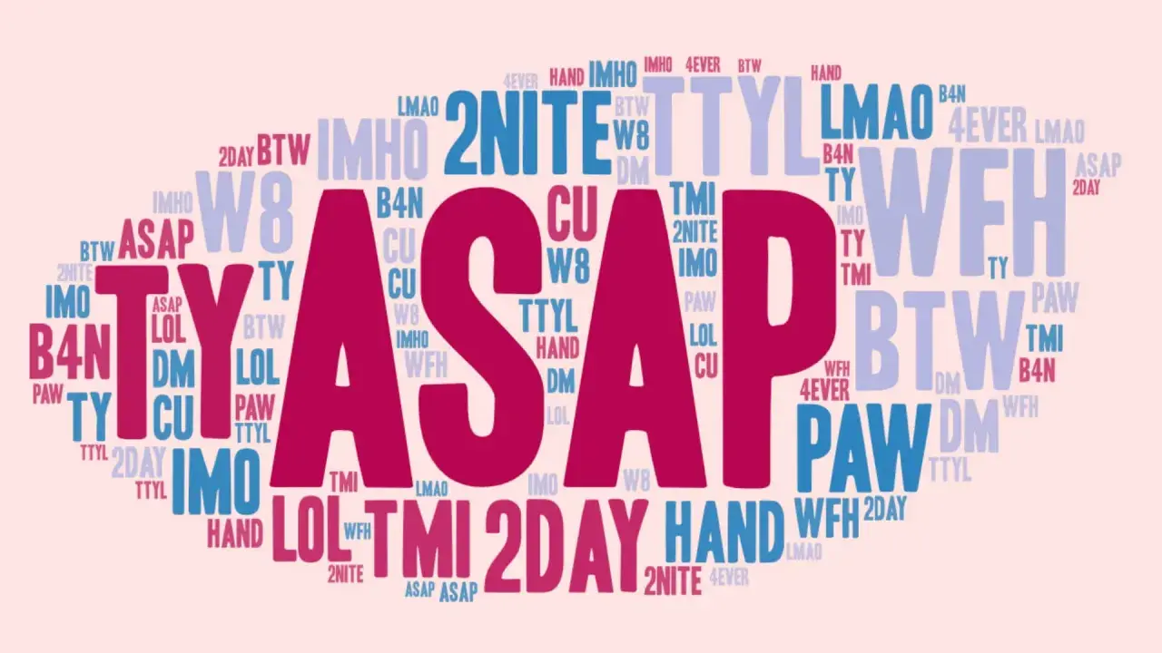 ASAP! Obraz to chmura słów z popularnymi skrótami w angielskim, takimi jak LOL, TTYL, BTW, IMHo, WFH, 2DAY, B4N, CU, DM, LMAO, PAW, TMI, 4EVER, IMO, TY, W8, HAND, 2NITE.