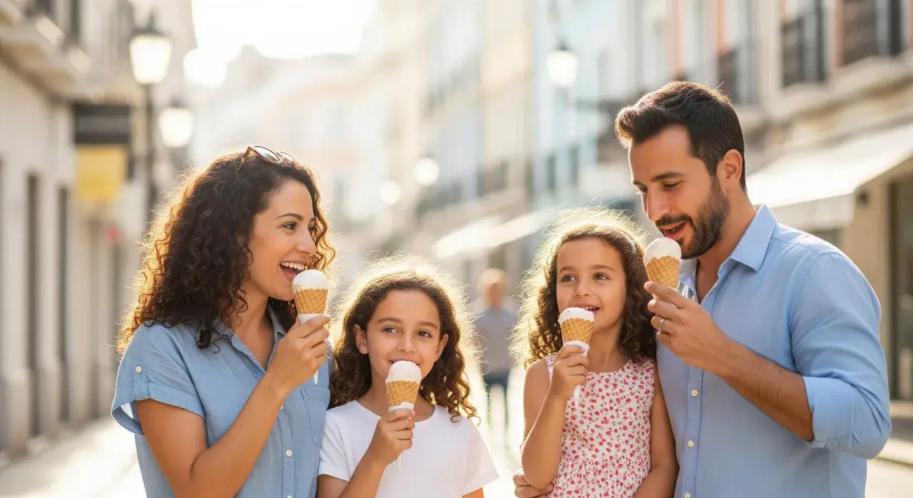 Familia disfrutando de helados en un paseo soleado, una escena perfecta de Oviedo con niños.