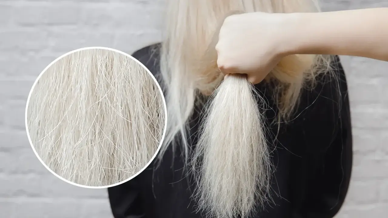 Domowe sposoby na suche włosy po rozjaśnianiu. Zbliżenie na zniszczone, blond włosy, które potrzebują nawilżenia.