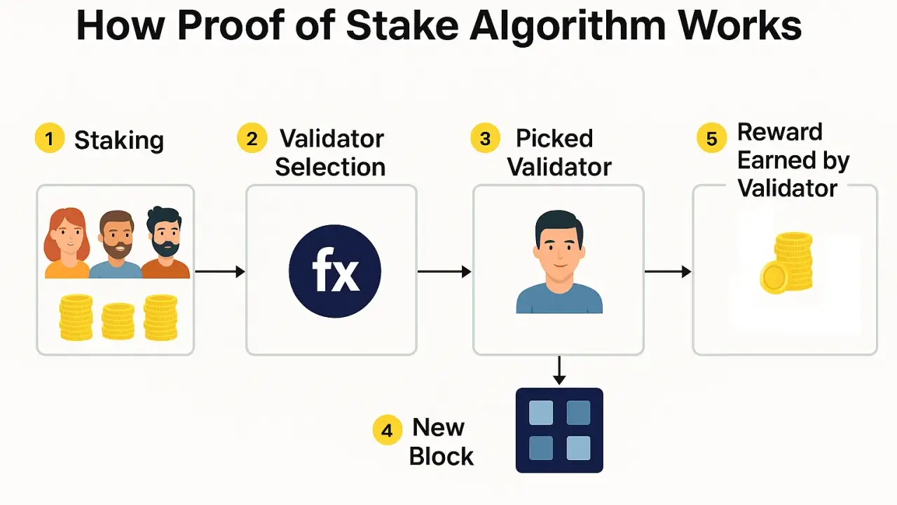 Schemat wyjaśnia, proof of stake co to: staking, wybór walidatora, nowy blok i nagroda dla walidatora.
