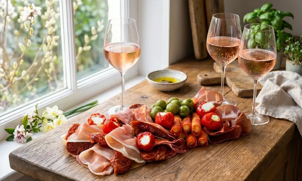 En härlig middag valborg med rosévin, charkuterier, oliver och fyllda paprikor på ett rustikt träbord.