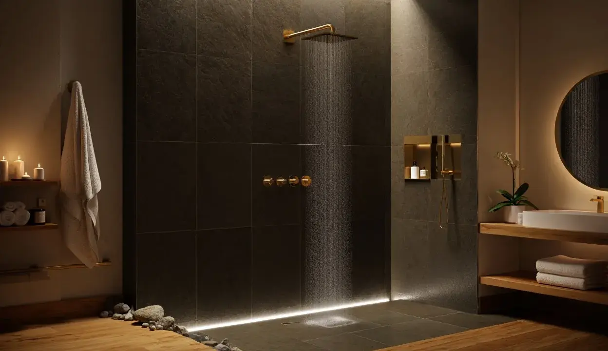 Un'elegante doccia muratura senza vetro, con finiture dorate e un soffione a pioggia. L'illuminazione soffusa crea un'atmosfera rilassante.