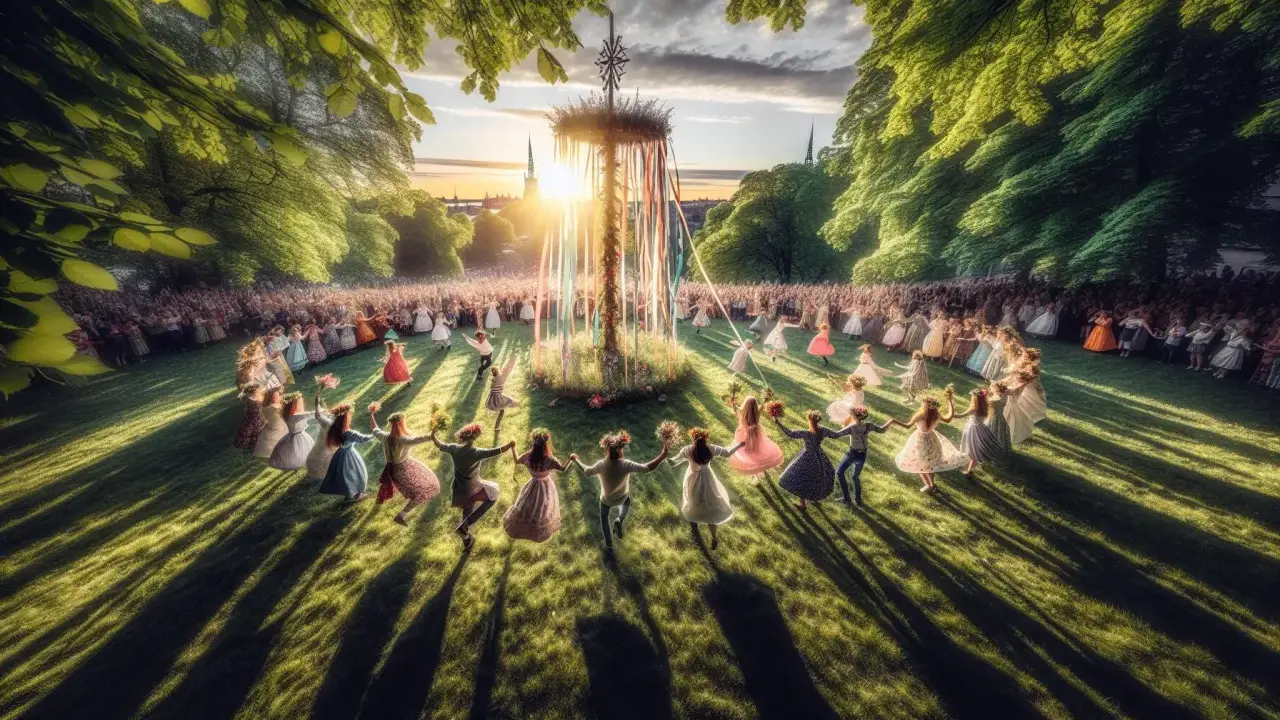 Midsommarfirande i Stockholm med folkdans runt en majstång i solnedgången.
