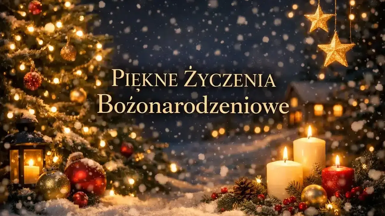 Śnieżna noc, choinka, świece i gwiazdy tworzą magiczną atmosferę. Piękne życzenia bożonarodzeniowe dla Ciebie!
