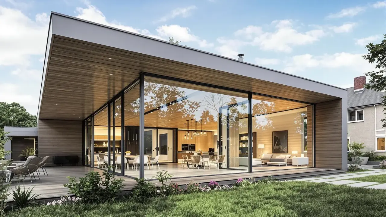 Une extension maison contemporaine avec de grandes baies vitrées, une terrasse en bois et un jardin verdoyant. L'intérieur lumineux révèle un salon et une cuisine modernes.