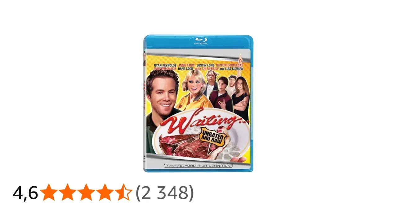 Blu-ray-fodral för filmen "Waiting..." med Justin Long, Ryan Reynolds och Anna Faris. En komedi om anställda på en restaurang.