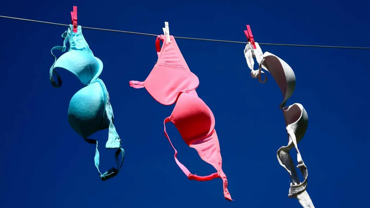 Tre reggiseni colorati (blu, rosa, bianco) stesi ad asciugare al sole. Forse non portare il reggiseno fa crescere il seno, ma l'aria aperta li fa asciugare bene!