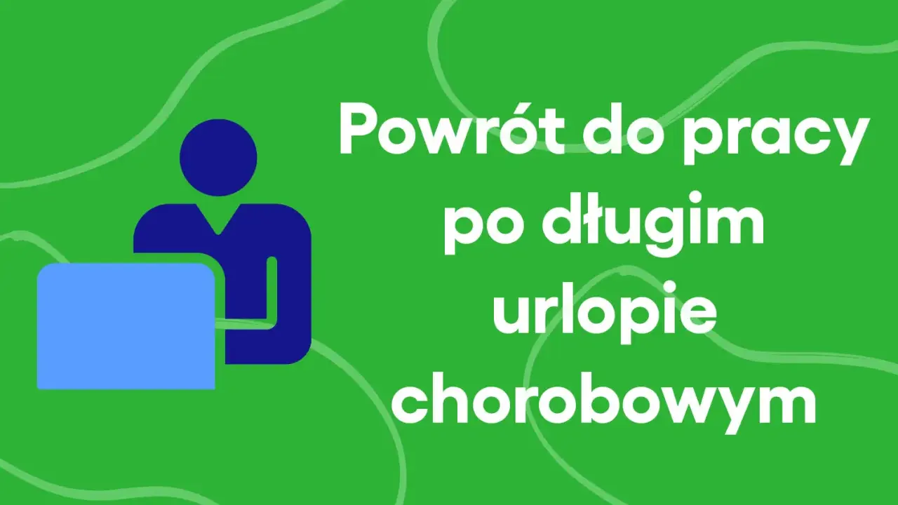 Powrót do pracy po długim urlopie chorobowym. Ikona osoby przy laptopie na zielonym tle.