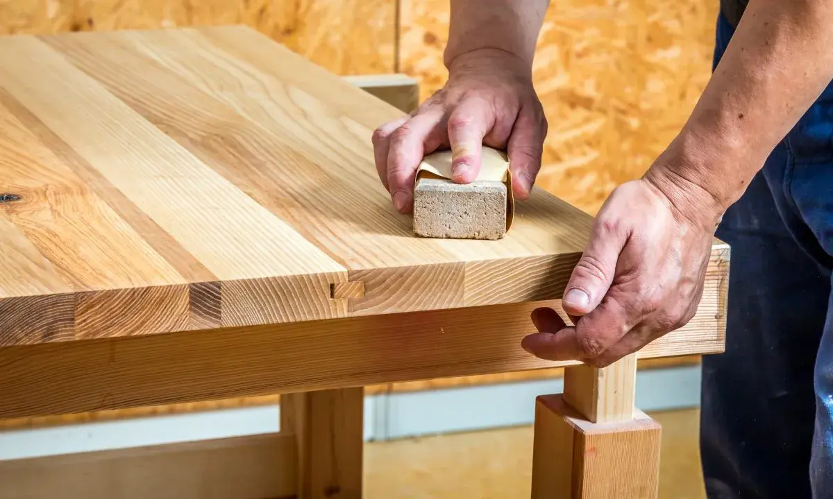 Un artisan utilise un bloc de ponçage pour comment poncer un plan de travail en bois, révélant la beauté naturelle du grain.