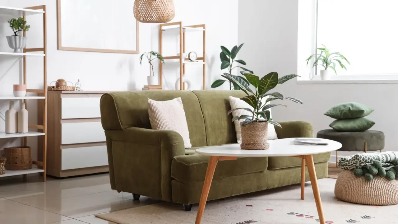 Aménagement petit studio : canapé vert, table basse ovale, étagères et plantes vertes créent un espace cosy et fonctionnel.