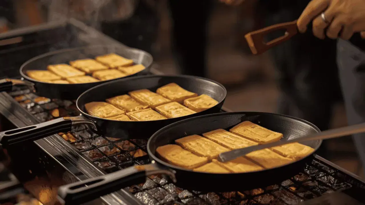Des tranches de fromage fondent dans des poêles sur un raclette barbecue. Un ustensile en bois retourne délicatement les morceaux dorés.