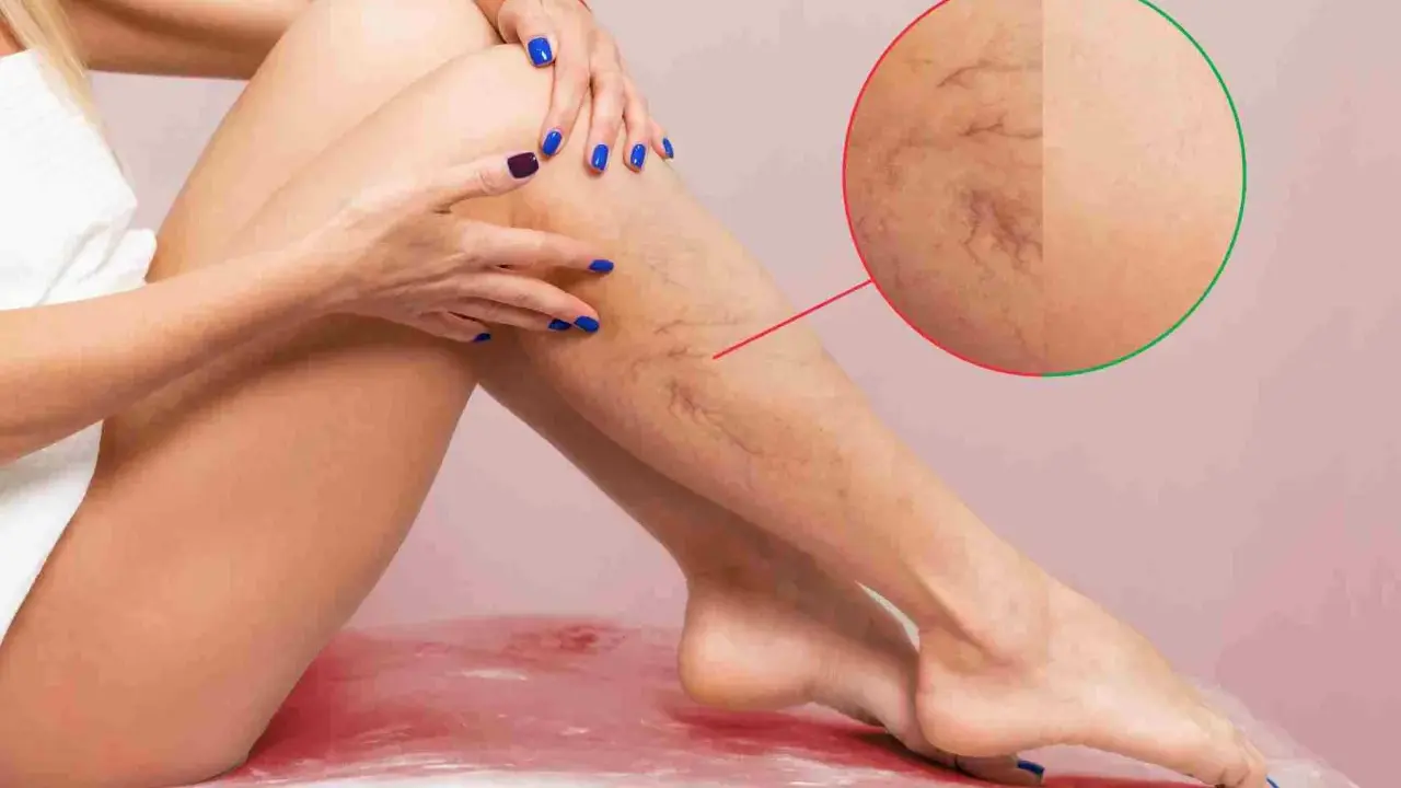 Gambe con teleangectasie, un possibile segno di trombofilia genetica. L'immagine mostra un dettaglio ingrandito delle vene superficiali.
