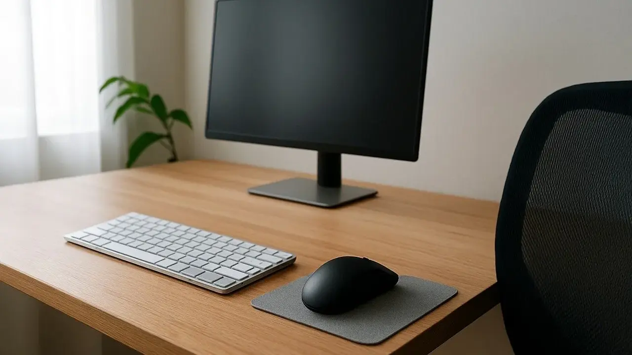 Bureau en bois avec écran, clavier, souris et tapis. Un fauteuil de bureau noir est visible. L'ergonomie travail sur écran est essentielle pour le confort.
