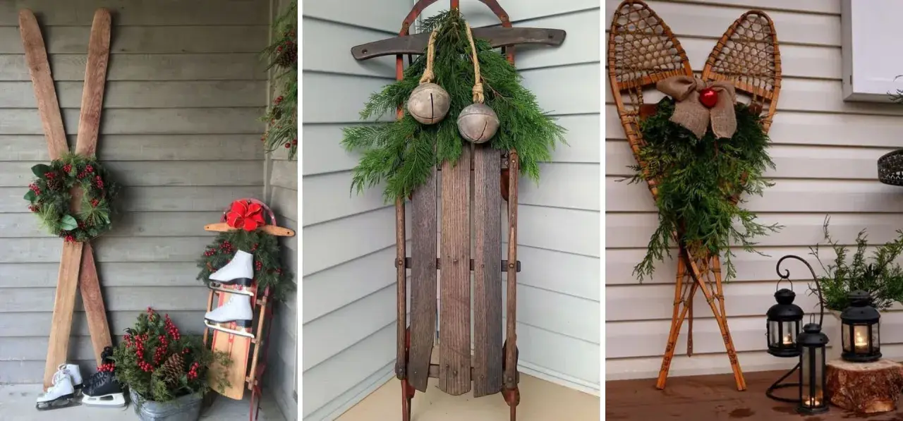 Idées de décoration Noël extérieur à faire soi-même : skis anciens, traîneau vintage, raquettes ornées de verdure et de cloches.