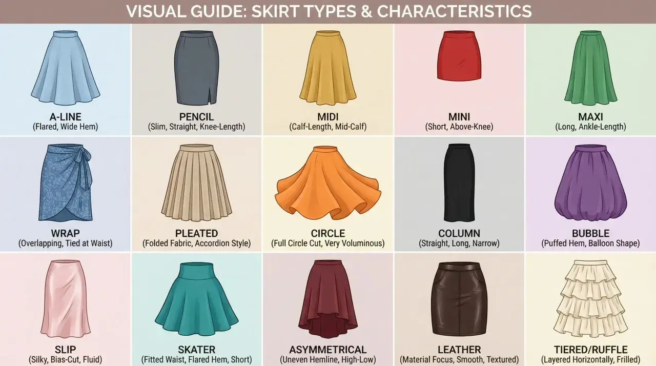 A visual guide showcasing various types of skirts, from A-line and pencil to bubble and tiered styles, offering a comprehensive look at skirt silhouettes.