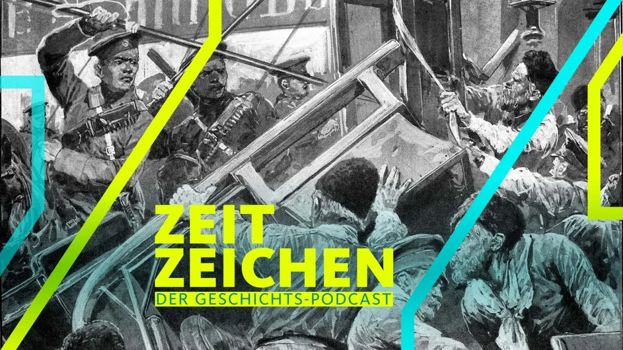 Illustration zeigt Soldaten, die auf Demonstranten schießen, eine Szene, die an den Petersburger Blutsonntag erinnert. "Zeit Zeichen" ist als Geschichts-Podcast hervorgehoben.