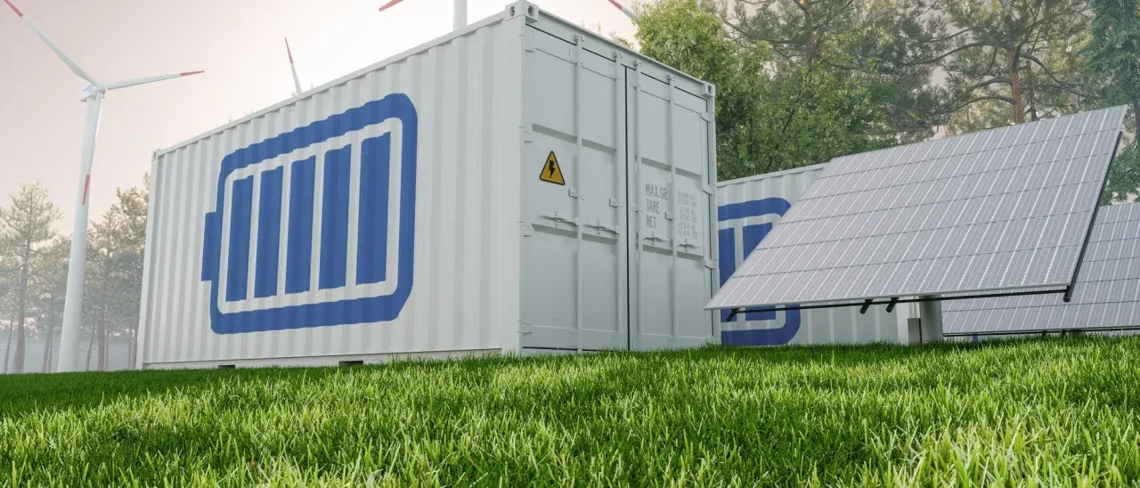 Container mit Batteriesymbol, Solarpanels und Windrädern. Löst das erneuerbare energien speicherproblem.
