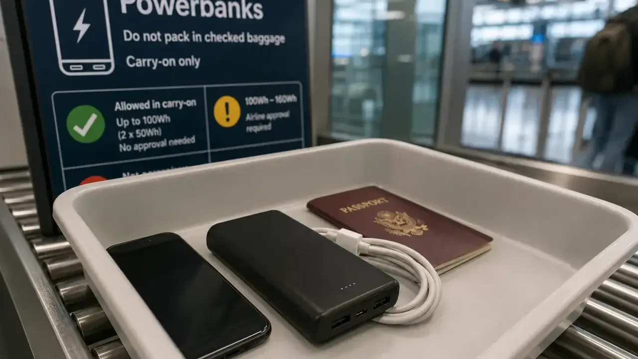 Na tacy do kontroli bezpieczeństwa leżą powerbank, telefon i paszport.