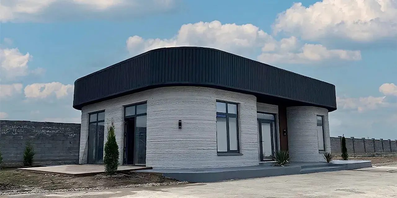 Ein modernes 3d druck haus mit runden Ecken und einem dunklen Dach steht unter einem blauen Himmel mit Wolken.