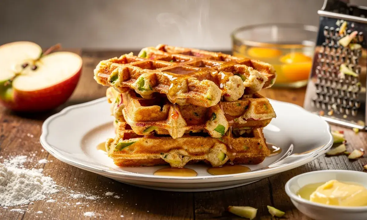 Pile de gaufres dorées, nappées de sirop, avec des morceaux de pomme et des ingrédients pour une recette gaufre parfaite.
