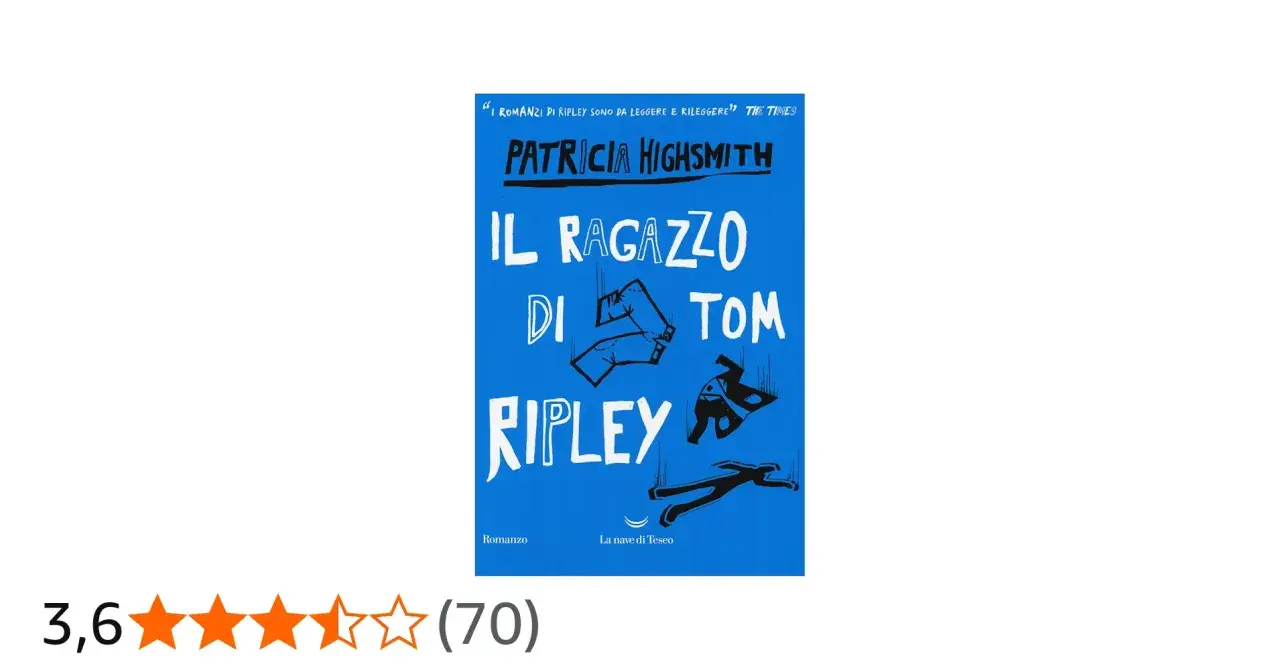 Copertina del libro "Il ragazzo di Tom Ripley" di Patricia Highsmith, uno dei suoi migliori libri, con un design grafico stilizzato e una citazione da The Times.