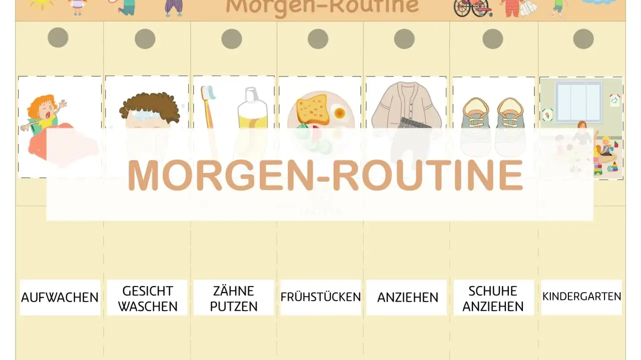 Bilder zum Ausdrucken für die Morgenroutine von Kindern: Aufwachen, Gesicht waschen, Zähne putzen, frühstücken, anziehen, Schuhe anziehen, Kindergarten.