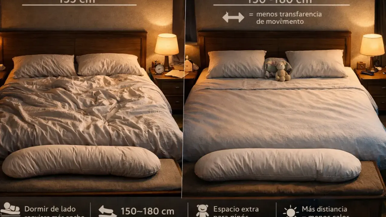 Comparativa de medidas de colchones: 135 cm para dormir de lado, 150-180 cm para menos transferencia de movimiento y espacio extra.