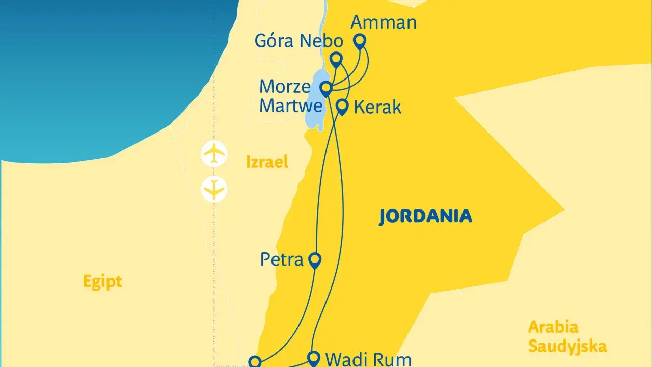 Mapa pokazuje, gdzie leży Jordania, z zaznaczonymi miastami: Amman, Kerak, Petra, Wadi Rum i Akaba. Widać też Morze Martwe i Górę Nebo.