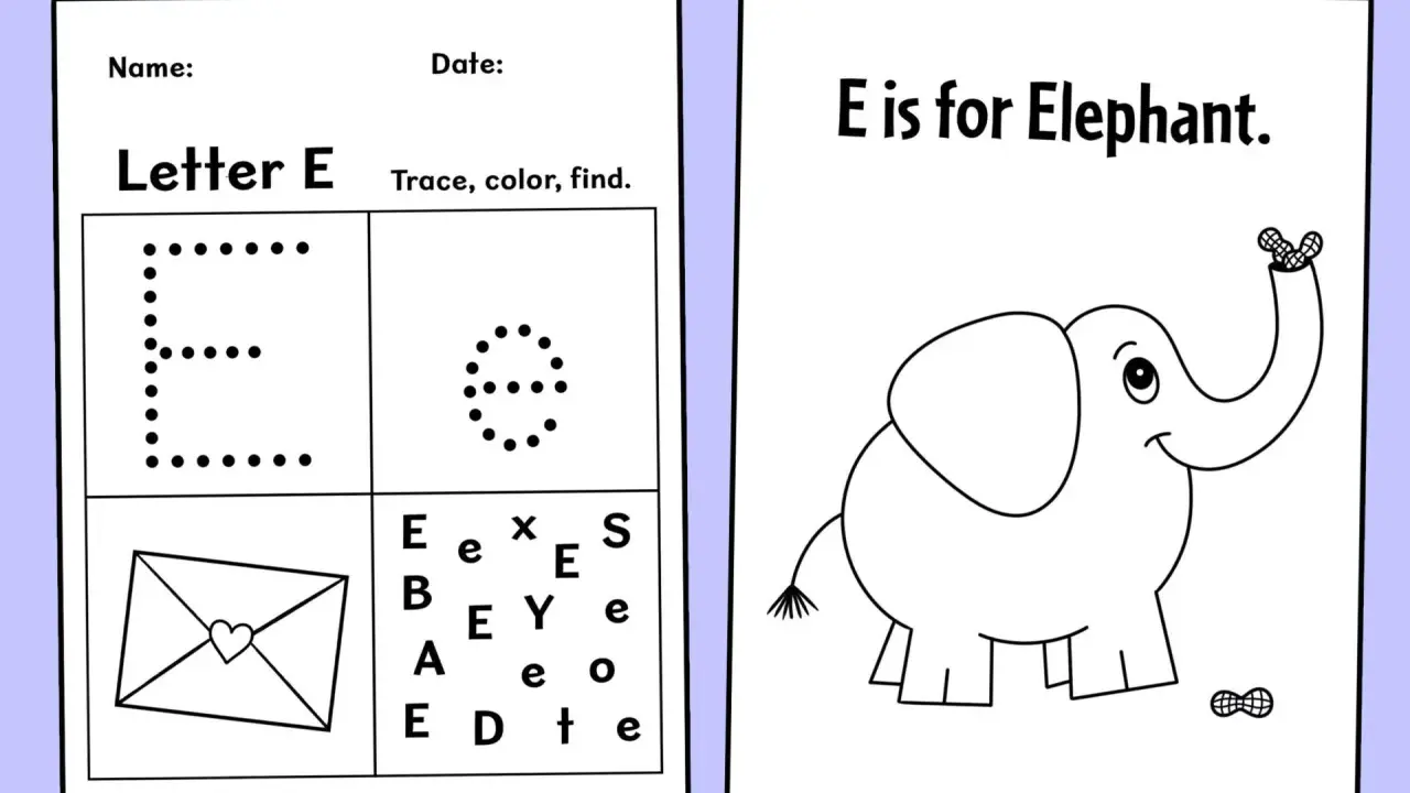 Foglio didattico con lettere disegni con la E: una grande E puntinata, una piccola E puntinata, una busta con cuore, lettere sparse e un elefante che mangia arachidi.