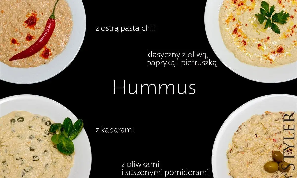 Hummus z ciecierzycy: pikantny z chili, klasyczny z papryką, z kaparami, oliwkami i suszonymi pomidorami.