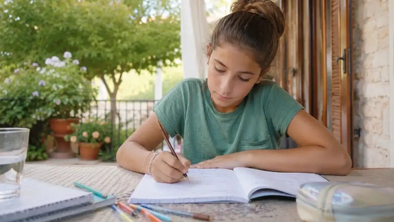 Ragazza concentrata sui compiti vacanze estive all'aperto, tra quaderni e matite colorate.