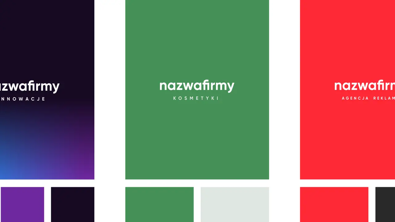 Trzy logotypy: "nazwafirmy INNOWACJE" na tle gradientu od granatowego do niebieskiego, "nazwafirmy KOSMETYKI" na zielonym tle, "nazwafirmy AGENCJA REKLAMY" na czerwonym tle. Kolor niebieski symbolizuje spokój i innowacje.