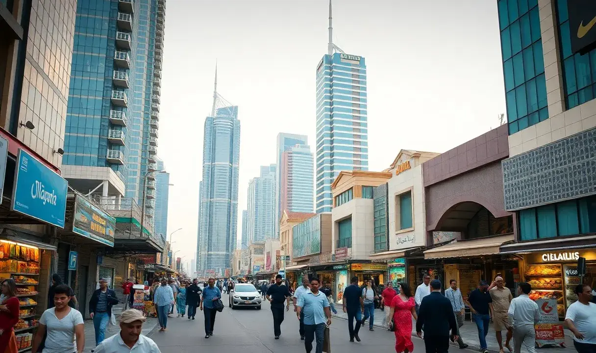 Menschen schlendern durch eine belebte Straße in Dubai, flankiert von modernen Wolkenkratzern und Geschäften.