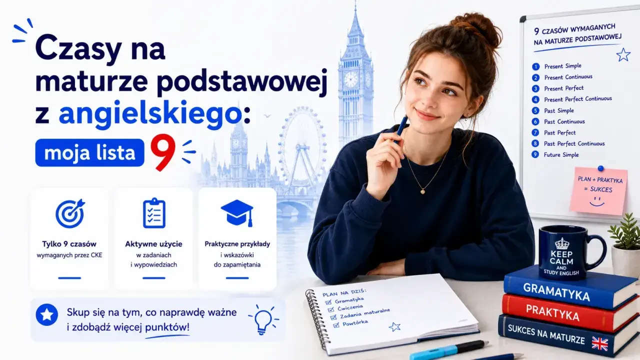 Dziewczyna uczy się do matury z angielskiego, skupiając się na 9 czasach, w tym na **future simple**. Na tablicy lista czasów, a obok książki i kubek z napisem "Keep calm and study English".