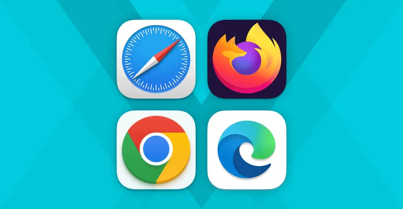 Ikony przeglądarek Safari, Firefox, Chrome i Edge na niebieskim tle.