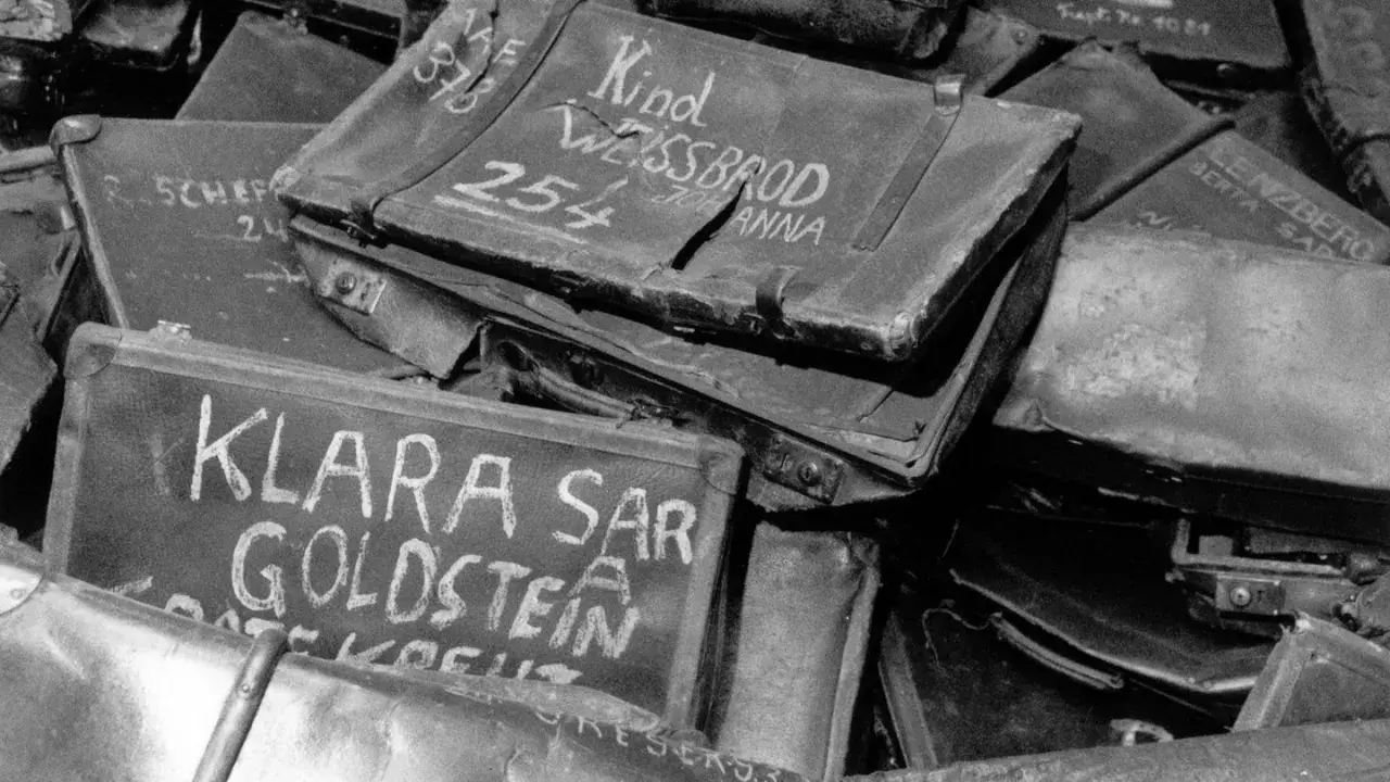 Stapel von alten Koffern, beschriftet mit Namen wie "Klara Goldstein" und "Kind Weissbrod Johanna". Diese Auschwitz Koffer sind ein trauriges Zeugnis der Vergangenheit.