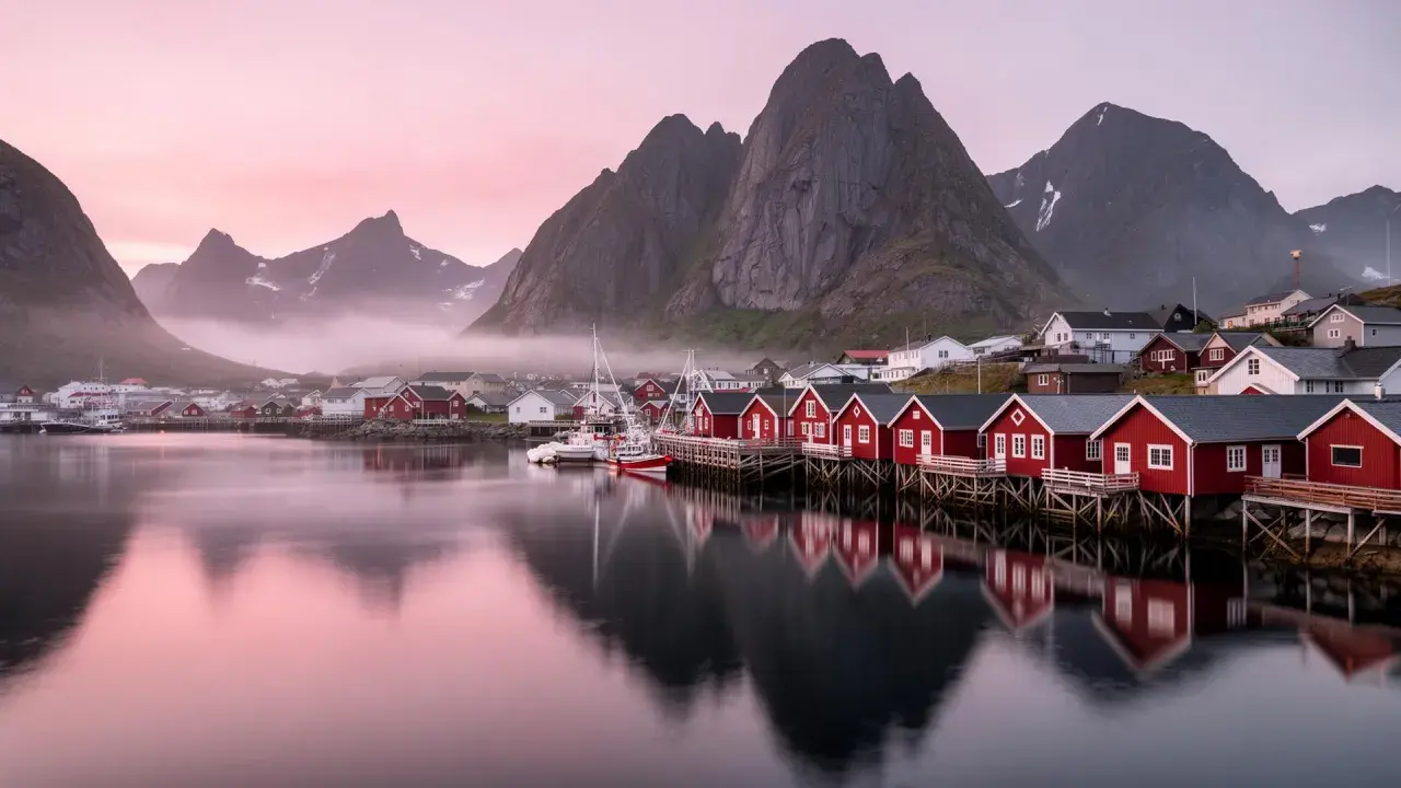 Drömmen om att **bila till Lofoten** blir verklighet vid denna pittoreska hamn med röda fiskebodar och majestätiska berg.