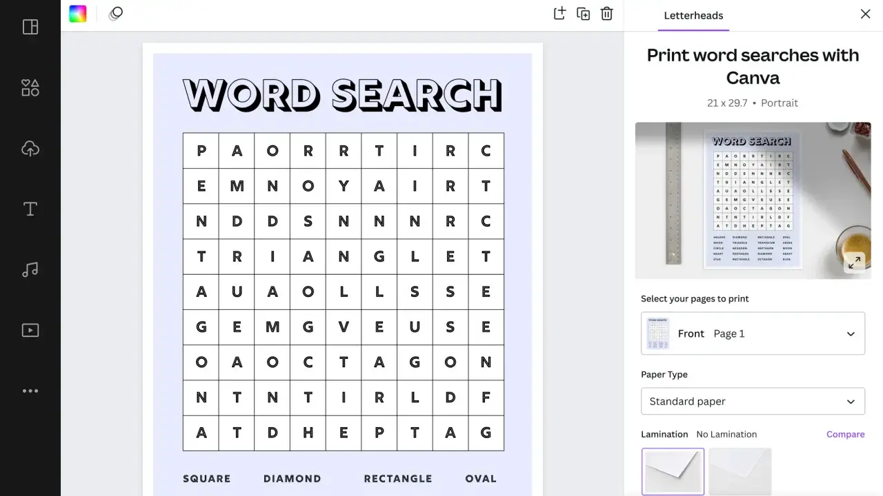 Creare rebus online è facile con Canva. Qui vedi un modello di "Word Search" pronto per essere stampato.