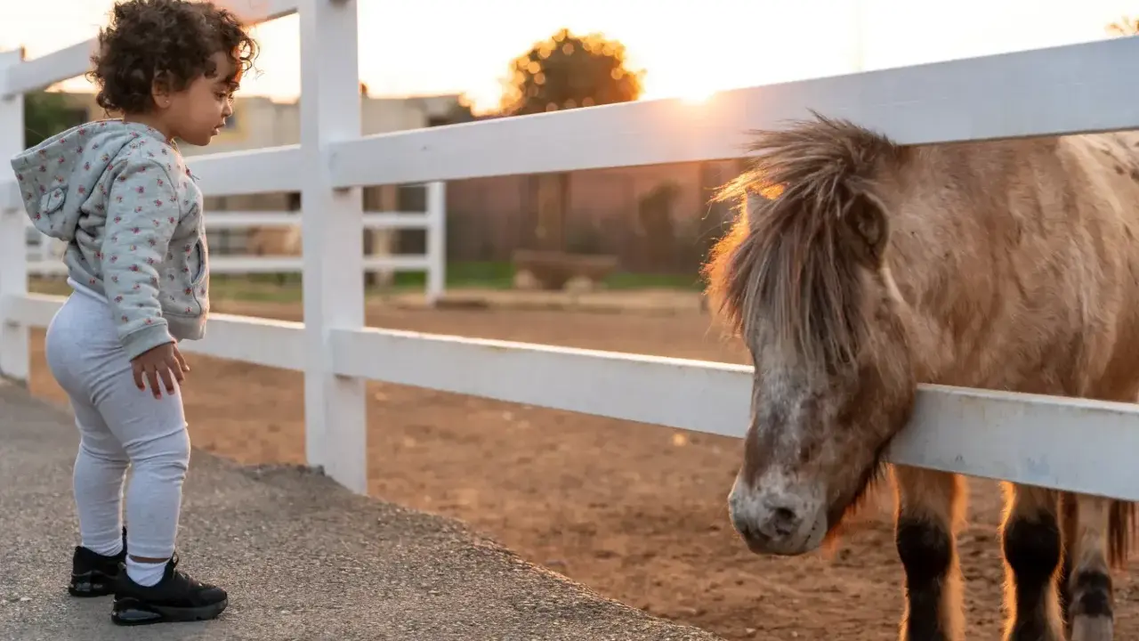 Bambina curiosa osserva un pony dietro una staccionata. Un'esperienza indimenticabile tra animali in Lombardia al tramonto.