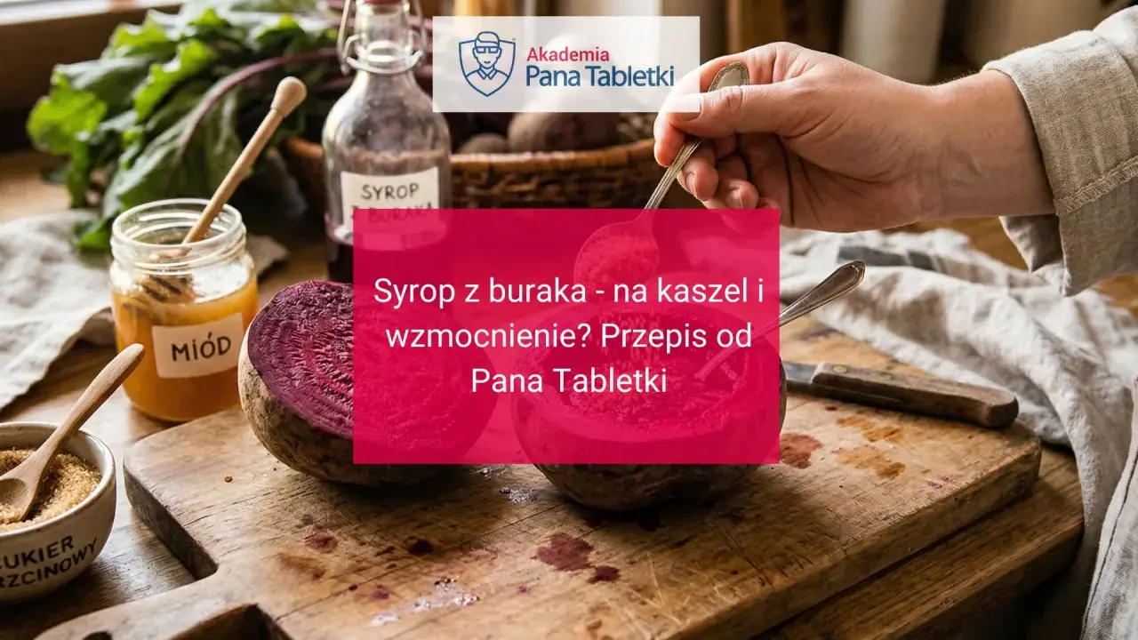 Jak zrobić syrop z buraka na kaszel i wzmocnienie? Na drewnianej desce leżą buraki, miód i cukier. Przepis od Pana Tabletki.